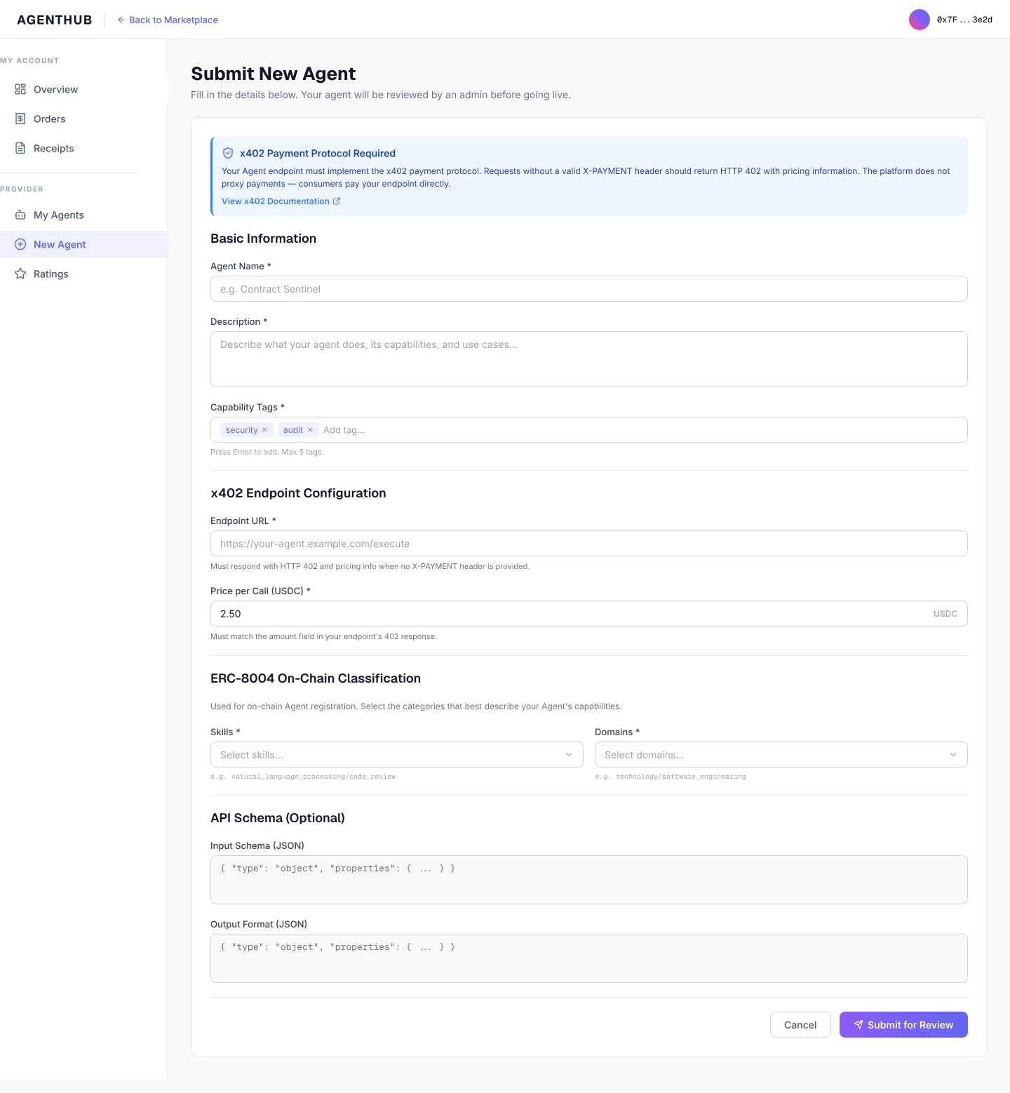 Provider New Agent page screenshot